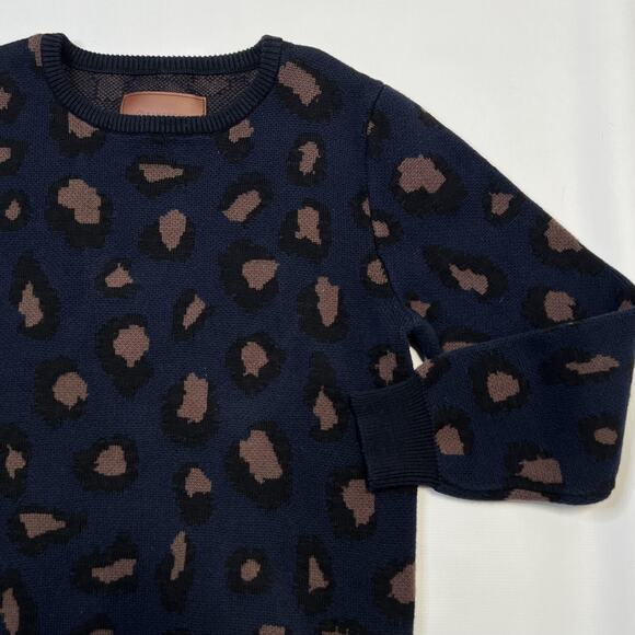 Zanerobe Sweater Mens XL Navy Blue Brown Leopard Animal Print Crewneck Cotton - Picture 4 of 9